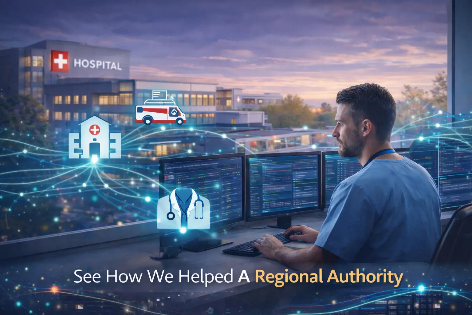 Publi service IT professional monitoring hospital system integrations using Nodinite, illustrating real-time healthcare integration monitoring and regional authority IT visibility.