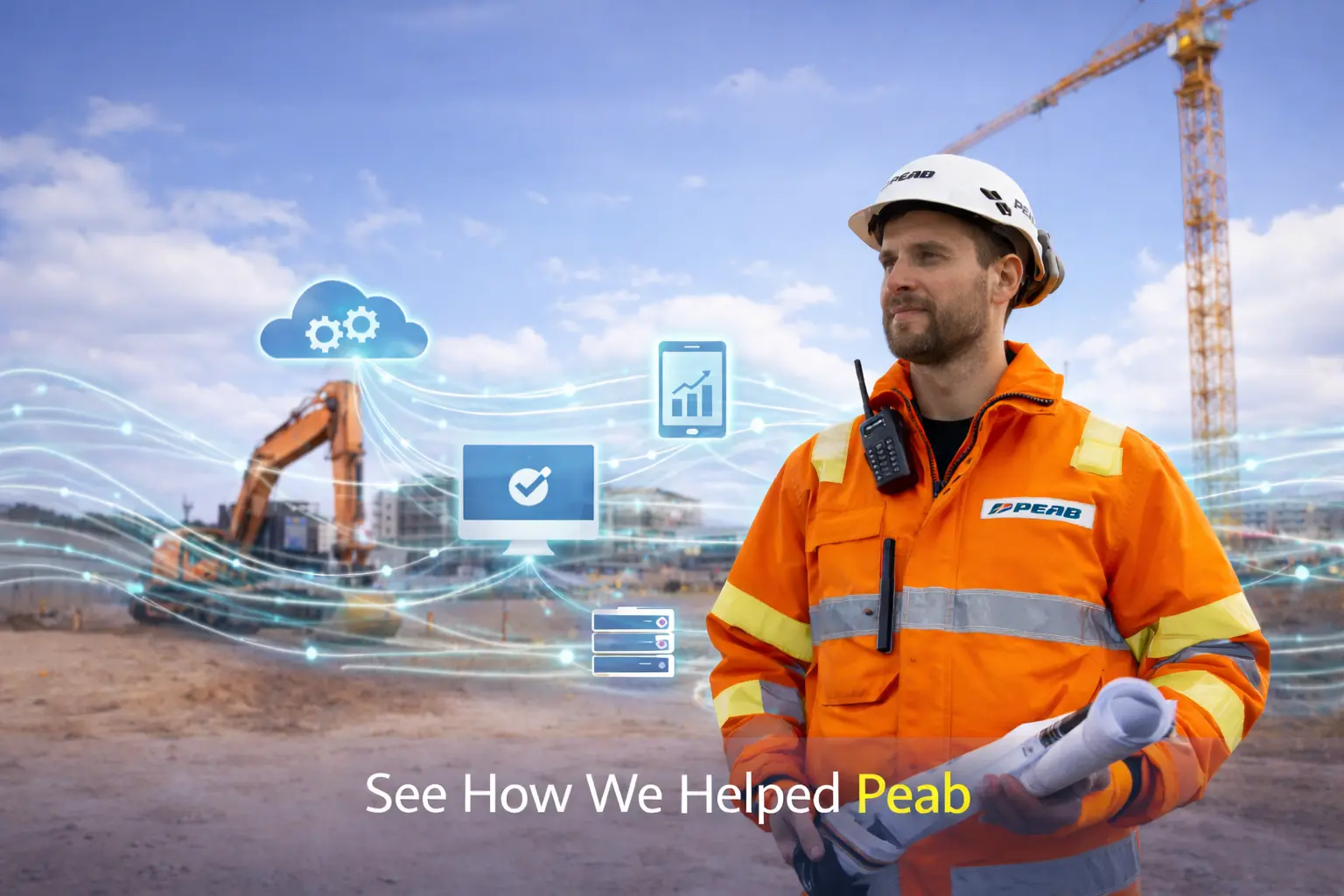 Peab construction manager at a building site with digital integration icons and data flow graphics, representing real-time integration monitoring and system visibility powered by Nodinite.