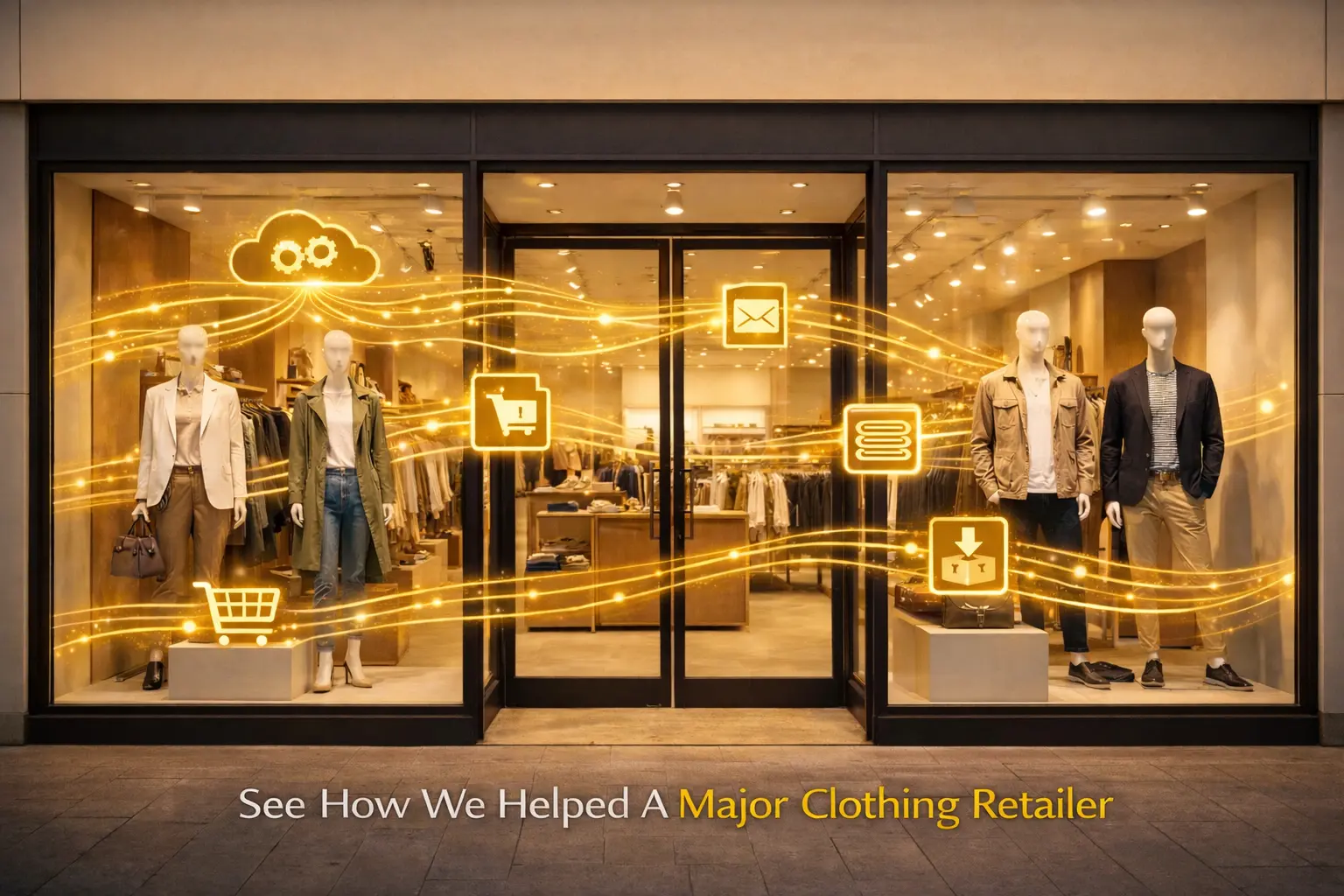 Retail storefront with dynamic digital integration flow lines and icons illustrating full visibility of integration flow powered by Nodinite.