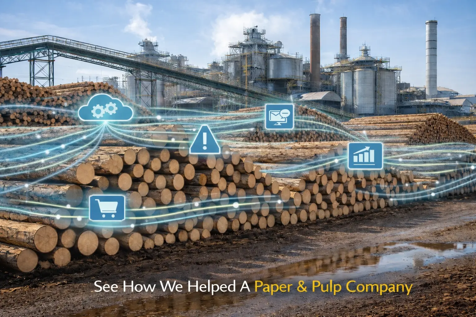 Industrial paper and pulp facility with flowing digital integration lines and glowing IT icons, illustrating Nodinite’s message flow monitoring and logging visibility.