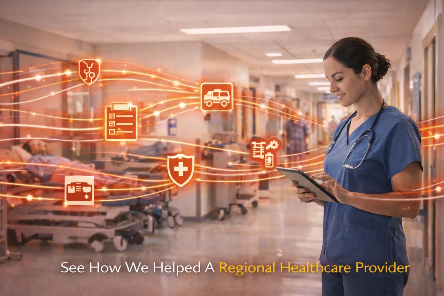Nurse in hospital corridor holding a tablet with flowing digital integration lines and medical icons, illustrating Nodinite’s healthcare integration monitoring and cost reduction.