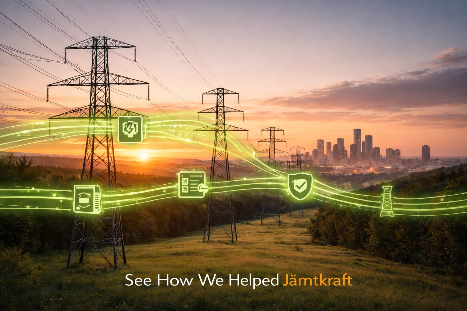 Power transmission lines and digital data flow graphics with energy integration icons, representing Nodinite’s enterprise integration monitoring for Jämtkraft.