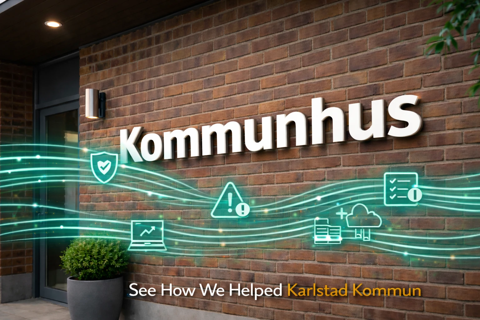 Karlstad Municipality building exterior with flowing digital integration lines and icons representing Nodinite’s IT incident monitoring and integration visibility.