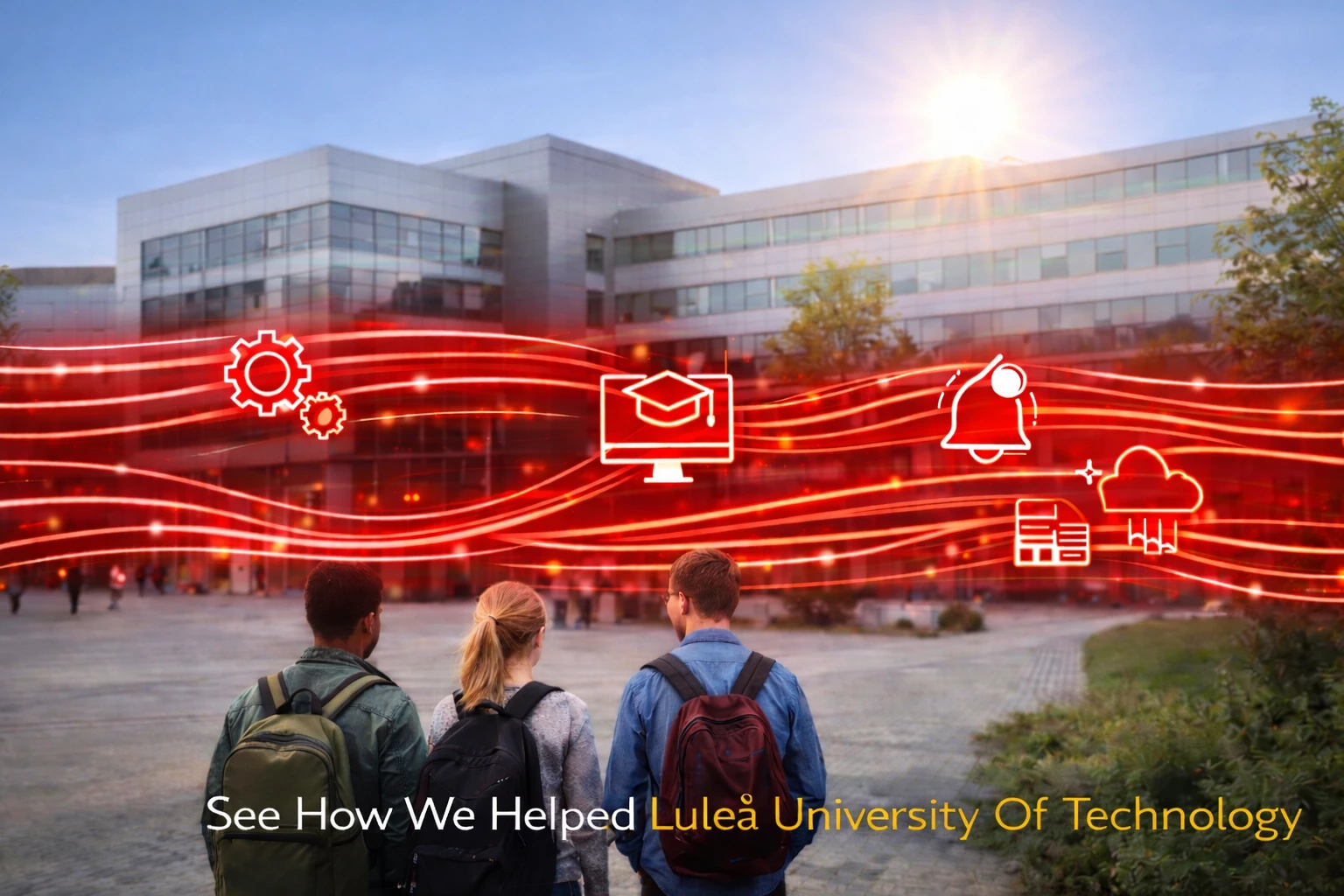 Students collaborating in front of university building with flowing digital integration lines and IT icons, illustrating Nodinite’s Azure integration monitoring and alerting.