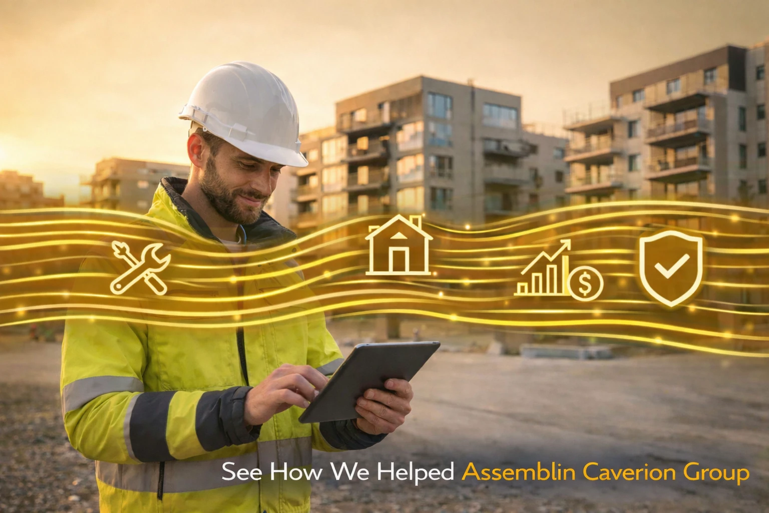 Construction site with male worker holding a tablet and flowing digital integration lines and icons, illustrating hybrid monitoring and logging across Azure and BizTalk with Nodinite.