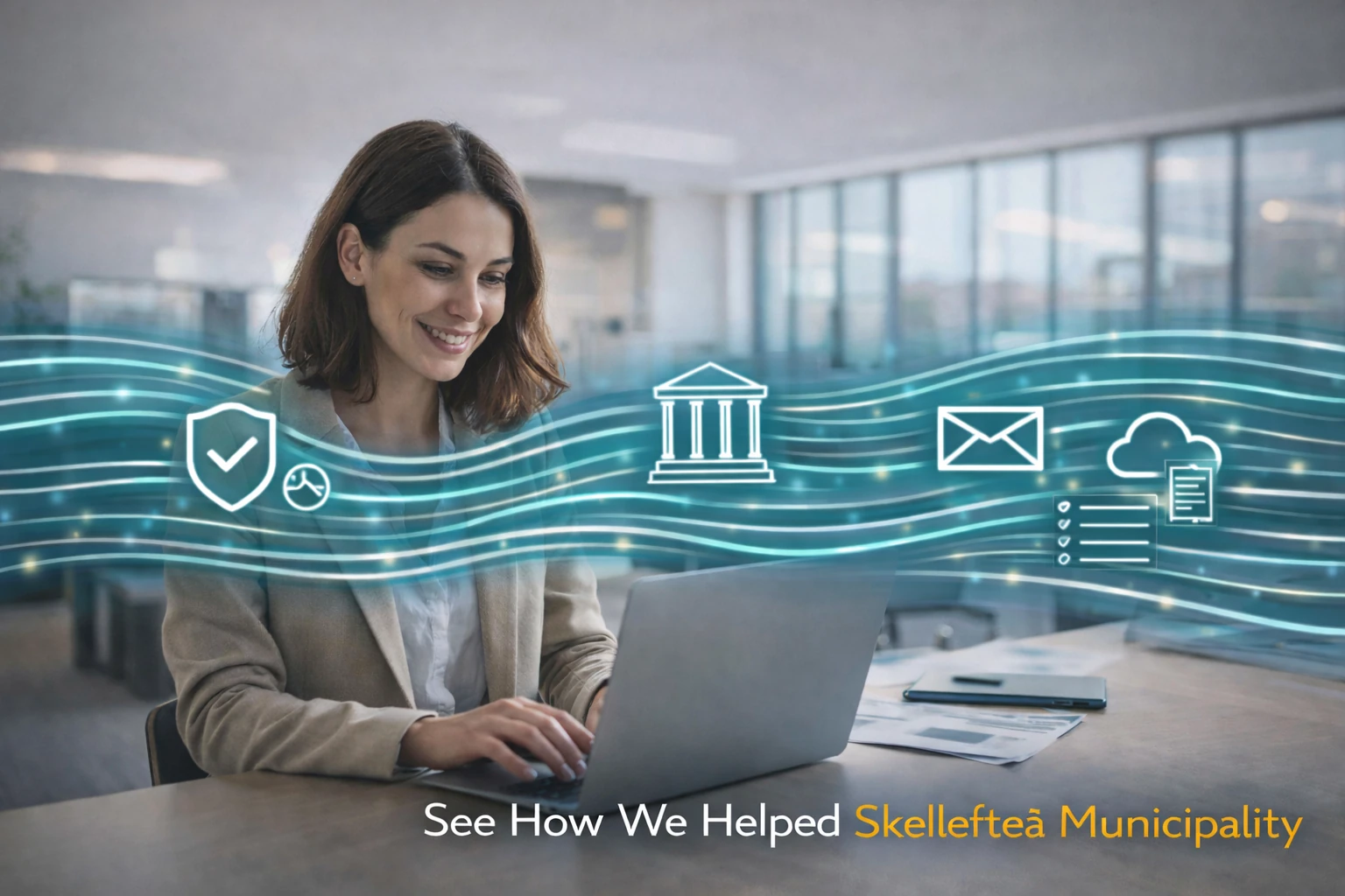 How Skellefteå Municipality Achieved Full Visibility into IBM Integrations with Nodinite and Tietoevry TEIS Municipal office worker at a laptop with flowing digital integration lines and IT icons overlay, illustrating Nodinite’s integration monitoring and visibility for Skellefteå Municipality.