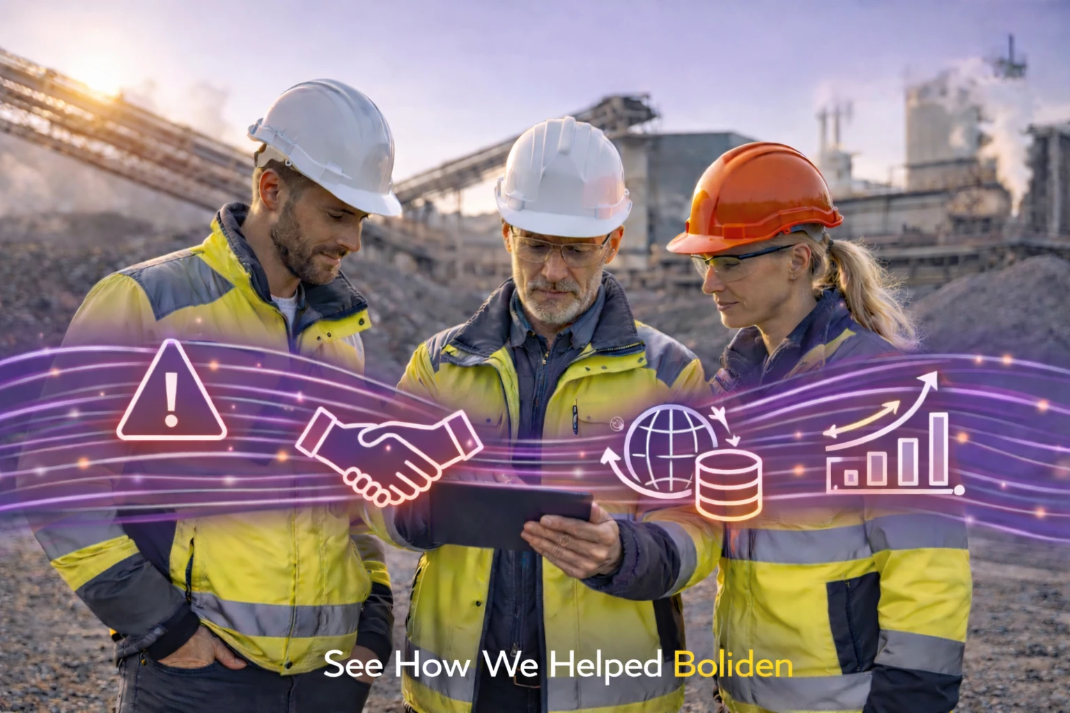 Three mining professionals standing together on a site with digital integration flow lines and IT icons overlay, illustrating Nodinite’s business and IT data flow monitoring for Boliden.
