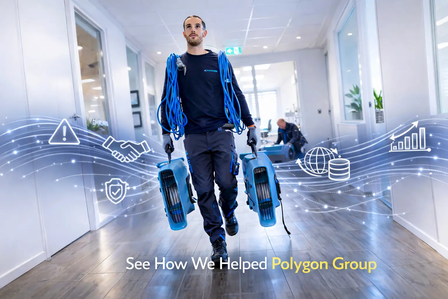 Polygon Group technician carrying air movers in an office corridor with white digital integration icons symbolizing global monitoring, automation, and system connectivity powered by Nodinite.