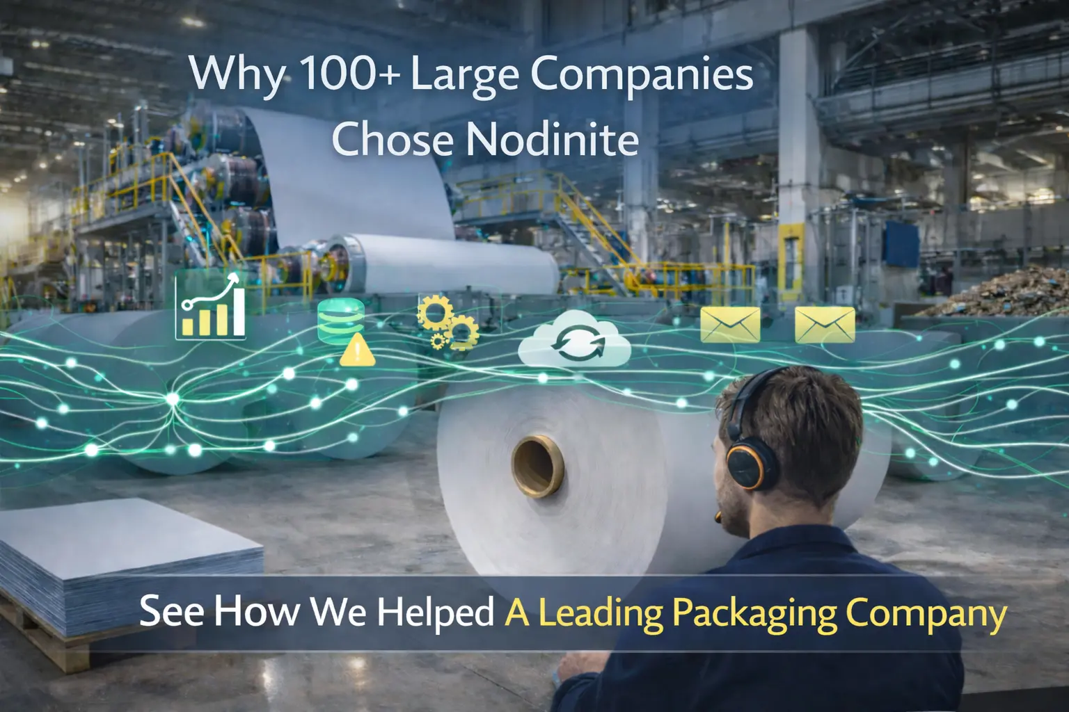Industrial packaging facility with large paper rolls and a monitoring specialist using Nodinite software dashboards to oversee integration flows and alerts.
