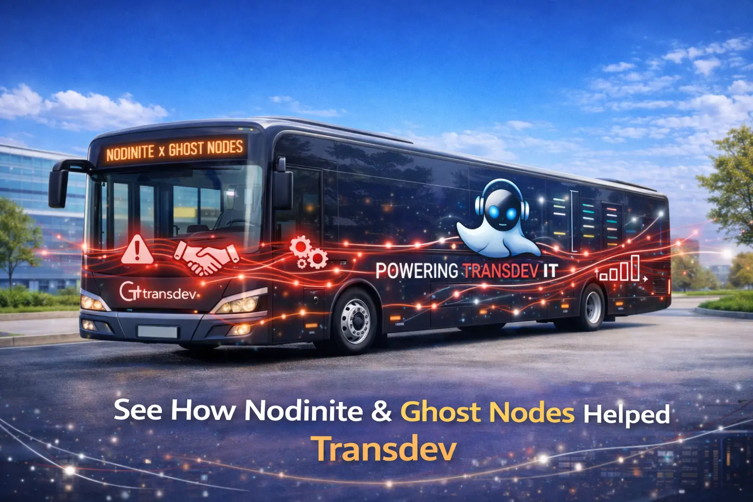 Transdev bus branded with Nodinite and Ghost Nodes graphics illustrating enterprise integration monitoring, IT visibility, and transport system integration management.