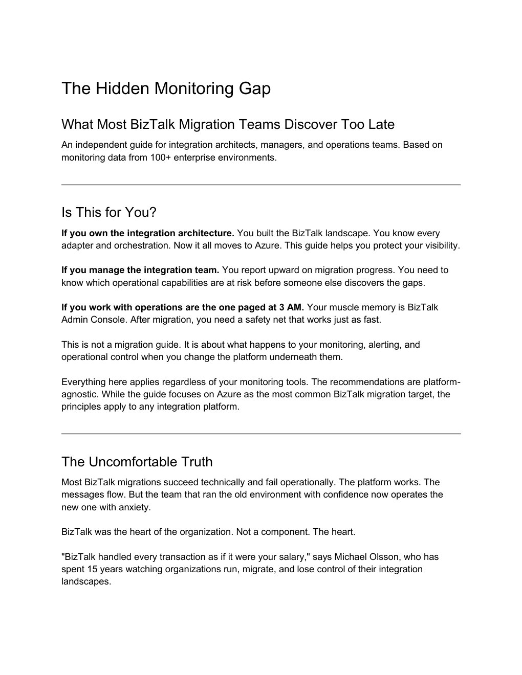 Cover of The Hidden Monitoring Gap guide for BizTalk migration teams